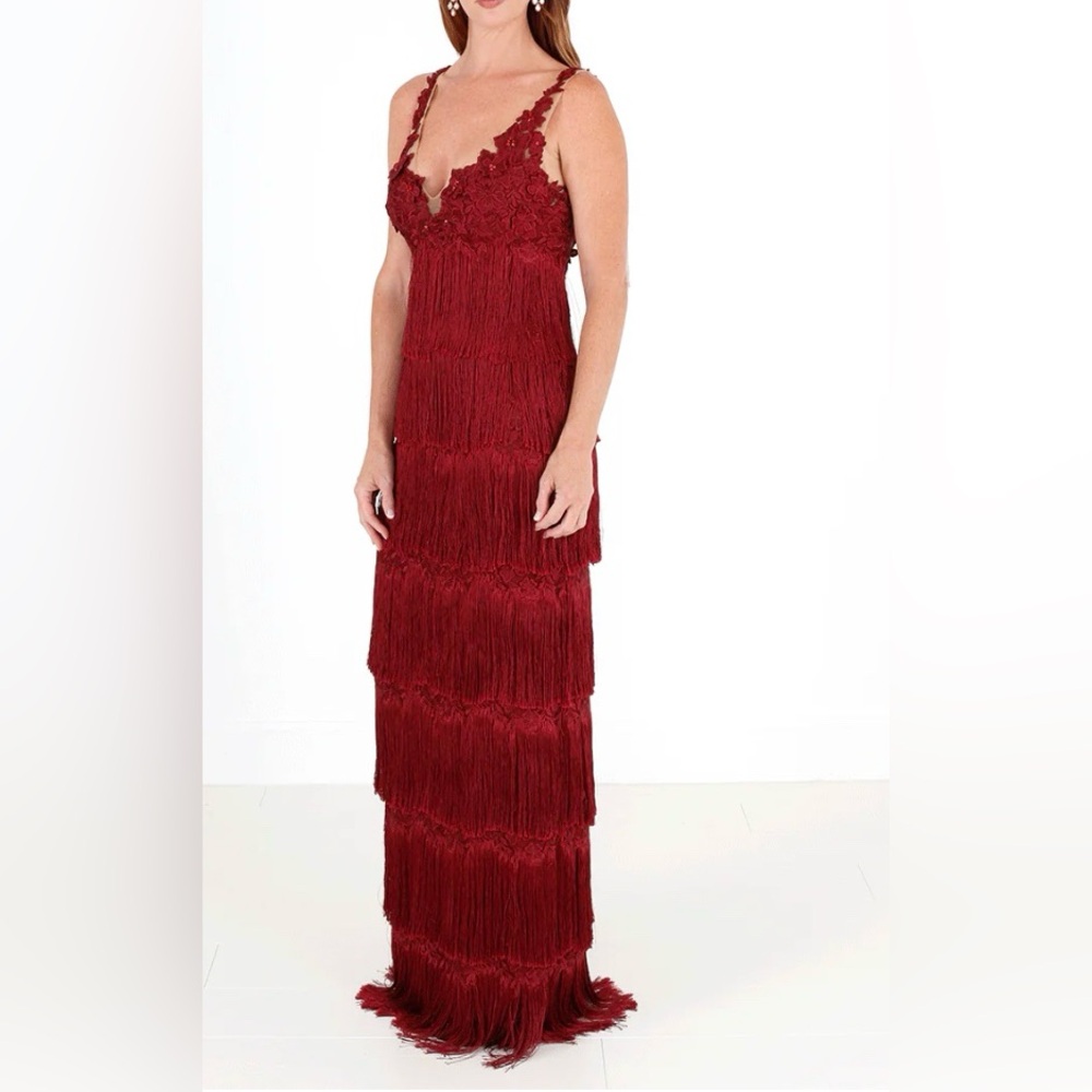 Marchesa Notte Fringe Gown burgundy
